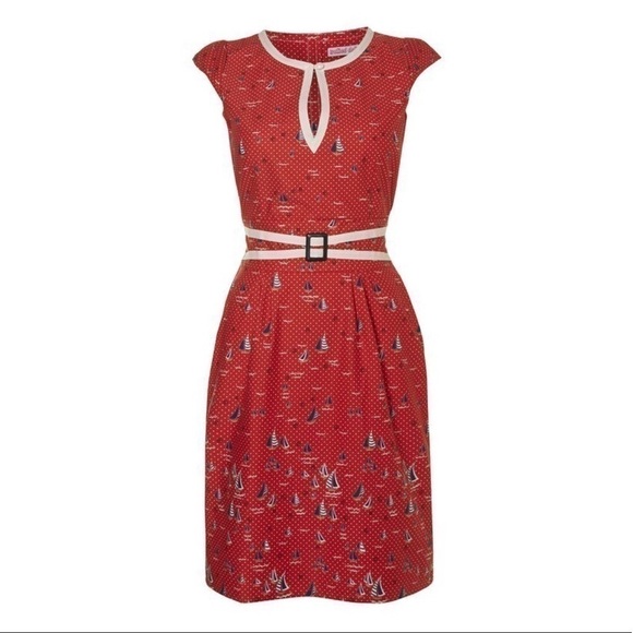 Trollied Dolly Red Sailboat Seaside Dress Medium - Picture 1 of 4